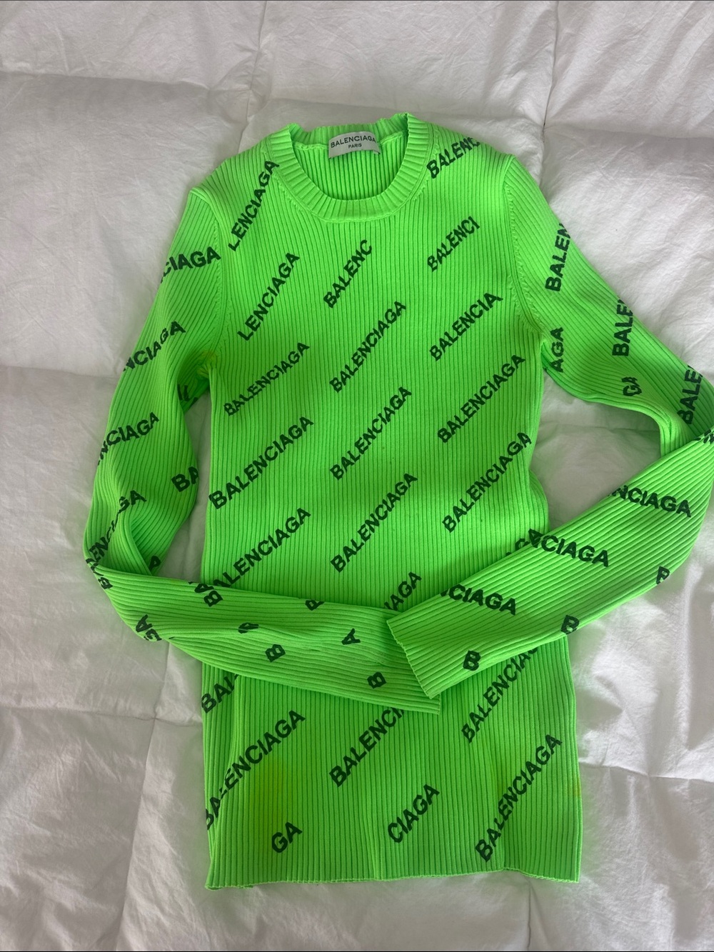 Balenciaga Neon Green Logo Ribbed Crewneck Sweater